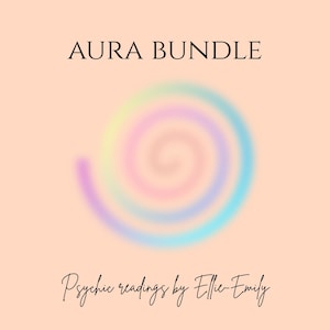 Könnte beinhalten: Ein hellpfirsichfarbener Hintergrund mit den schwarzen Worten „AURA BUNDLE“. In der Mitte befindet sich eine Spirale aus Pastellfarben, darunter Rosa, Blau und Gelb. Der Text „Psychic readings by Ellie-Emily“ ist kursiv geschrieben.