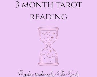 Può includere: Grafica lilla con la scritta "3 MONTH TAROT READING" e un disegno di una clessidra con una luna crescente e stelle. Il testo "Psychic readings by Ellie-Emily" è scritto sotto.