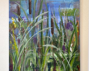Acrylschilderij wilde lisdodde midwest landschap - 16 x 20" canvas - "Wild Prairie"