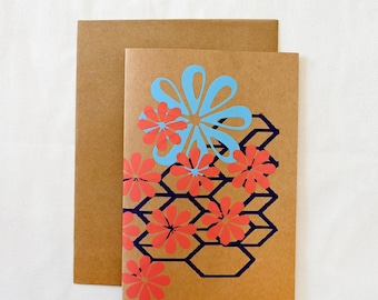 Originele gezeefdrukte geassorteerde kaartenset met bloemdessin - 8 kaarten + envelop - 102
