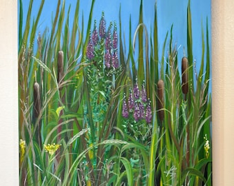 Wilde bloemen lisdodde midwest landschap acrylschilderij 20 x 24" "Wild Prairie" II