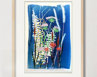 Originele wilde bloemen cyanotype schermafdruk - 10 x 16" - "Midwest Prairie" V.E. 1-7