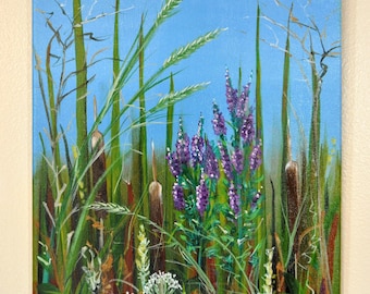 Acrylschilderij wilde lisdodde midwest landschap - 16 x 20" canvas - "Wild Prairie X"