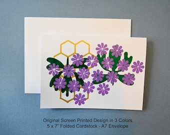 Kaartenset met bloemenmotief en zeefdruk - 8 kaarten + envelop - 106