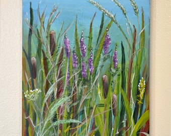 Acrylschilderij wilde lisdodde midwest landschap - 11 x 14" canvas - "Wild Prairie" VII