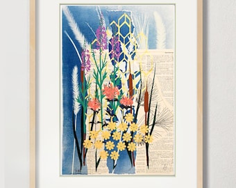 Originele wilde bloem cyanotype zeefdruk - 10 x 16" "Prairie Trails" V.E. 1-8