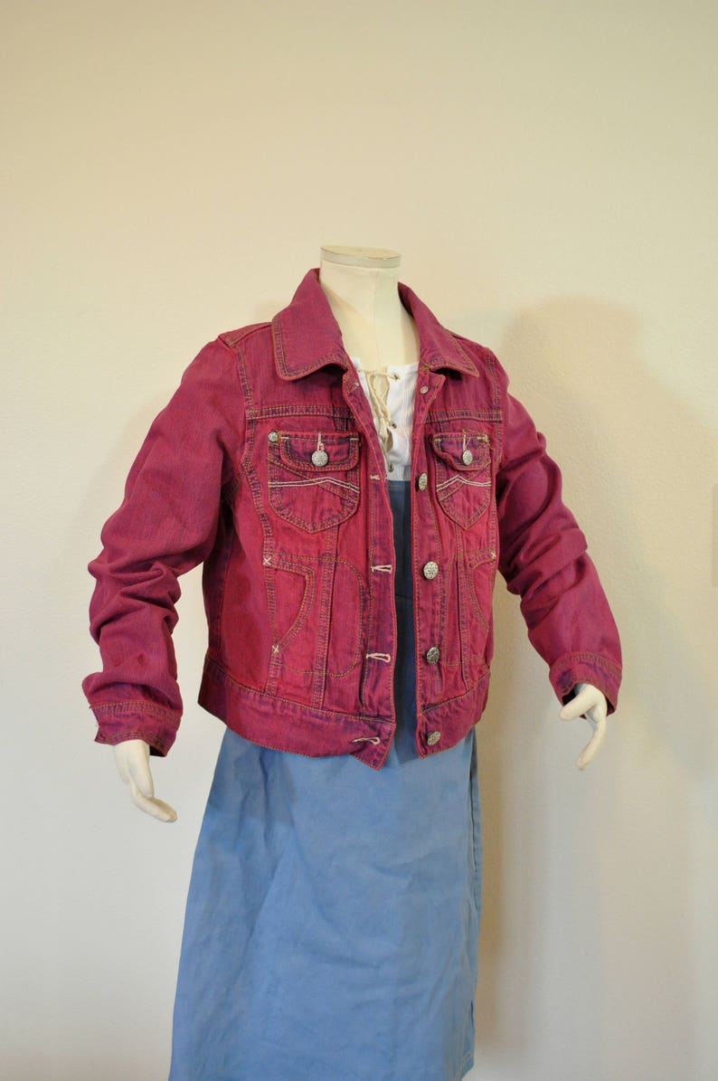 Red Kids Sz Medium Denim Jacket Scarlet Dyed Upcycled Squeeze Trucker Child Childrens Girls Size 10 30 Chest