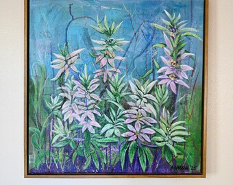 Roze prairiebloemen Midwest landschap acryl SCHILDERIJ - ingelijst 20 x 20" canvas - "Bee Balm"
