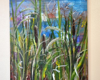 Acrylschilderij wilde lisdodde midwest landschap - 16 x 20" canvas - "Wild Prairie" III