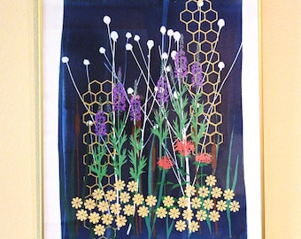 Oryginalny sitodruk cyjanotypowy „Dzikie kwiaty” – 18 x 24 cale – „Środkowo-zachodnia preria” V.E. 1-8