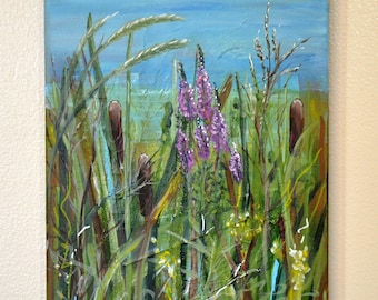 Acrylschilderij wilde lisdodde midwest landschap - 11 x 14" canvas - "Wild Prairie" IX