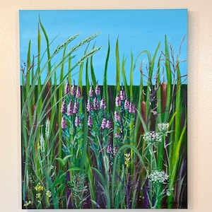 May include: An original painting of a field of tall green grass and purple wildflowers under a bright blue sky. The artwork features a variety of plant life, including cattails and white wildflowers, with a dark green background.