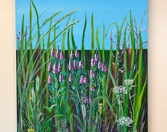 Wilde bloemen lisdodde midwest landschap acrylschilderij 20 x 24" "Wild Prairie" XII
