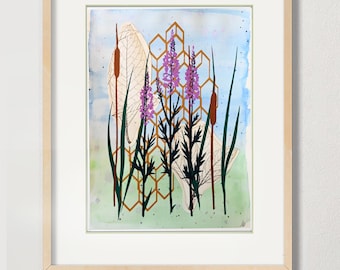 Originele aquarelcollage gestikte zeefdruk - 11 x 14" - "Prairie Flowers" #1 - 6