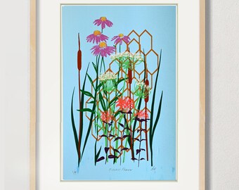 Originele ontwerp met wilde bloemen zeefdruk - 12 x 18" - "Midwest Prairie" L.E. 4/4