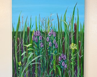 Wilde bloemen lisdodde landschap acryl SCHILDERIJ - 20 x 24" "Wild Prairie" XIII
