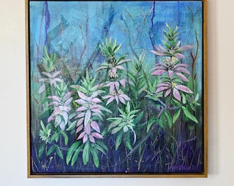 Roze prairiebloemen Midwest landschap acryl SCHILDERIJ - ingelijst 20 x 20" canvas - "Bee Balm"