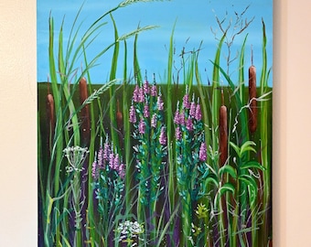 Wilde bloemen lisdodde landschap acryl SCHILDERIJ - 20 x 24" "Wild Prairie" XIV