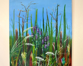 Acrylschilderij wilde lisdodde midwest landschap - 16 x 20" canvas - "Wild Prairie" XI