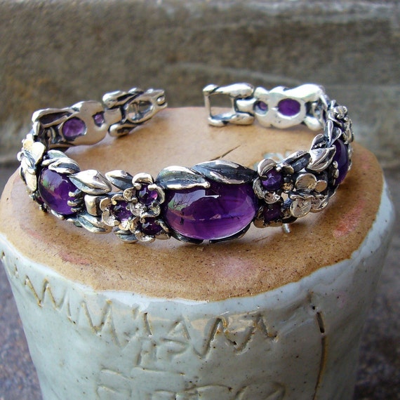 Amethyst Bracelet Silver Floral Bracelet Antique Style Bracelet