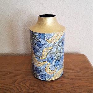 William Morris VASE METAL Matte Finish Hand painted Gold Hand Collaged Vintage Art Paper Bottom Sealed New Upcycled Item In Original Box
