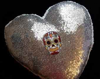 HEART PILLOW Sugar SKULL Patch 2-Side Fleece and Silver Sequins Upcycled Hand Appliqued Iron On Day of the Dead 13 x 14" Super Soft Sparkly