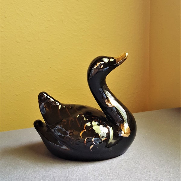 Redware Japan VINTAGE DUCK SWAN Figurine Pristine Exceptional Condition Gold Painted Accents 14 oz  Mid-Century