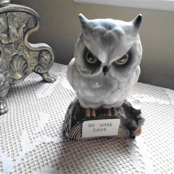 OWL Ceramic Bank "Be Wise Save" Mid Century Made in Japan Hand Painted No Chips Cracks NICE Vintage Condition Collectible Owl with Slot