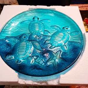 SEA TURTLE PLATTER  13&quot; Diameter  Glass Reverse Painted Hand Embellished Hand Clean Perfect or Beach House Entertaining Centerpiece Only One
