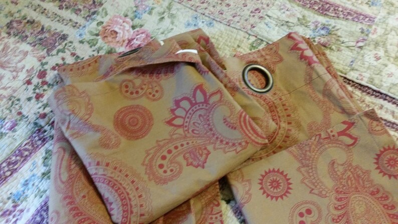 Drapes Pair Of 2 Curtain Panels Black Out Gold Red Print Very Etsy