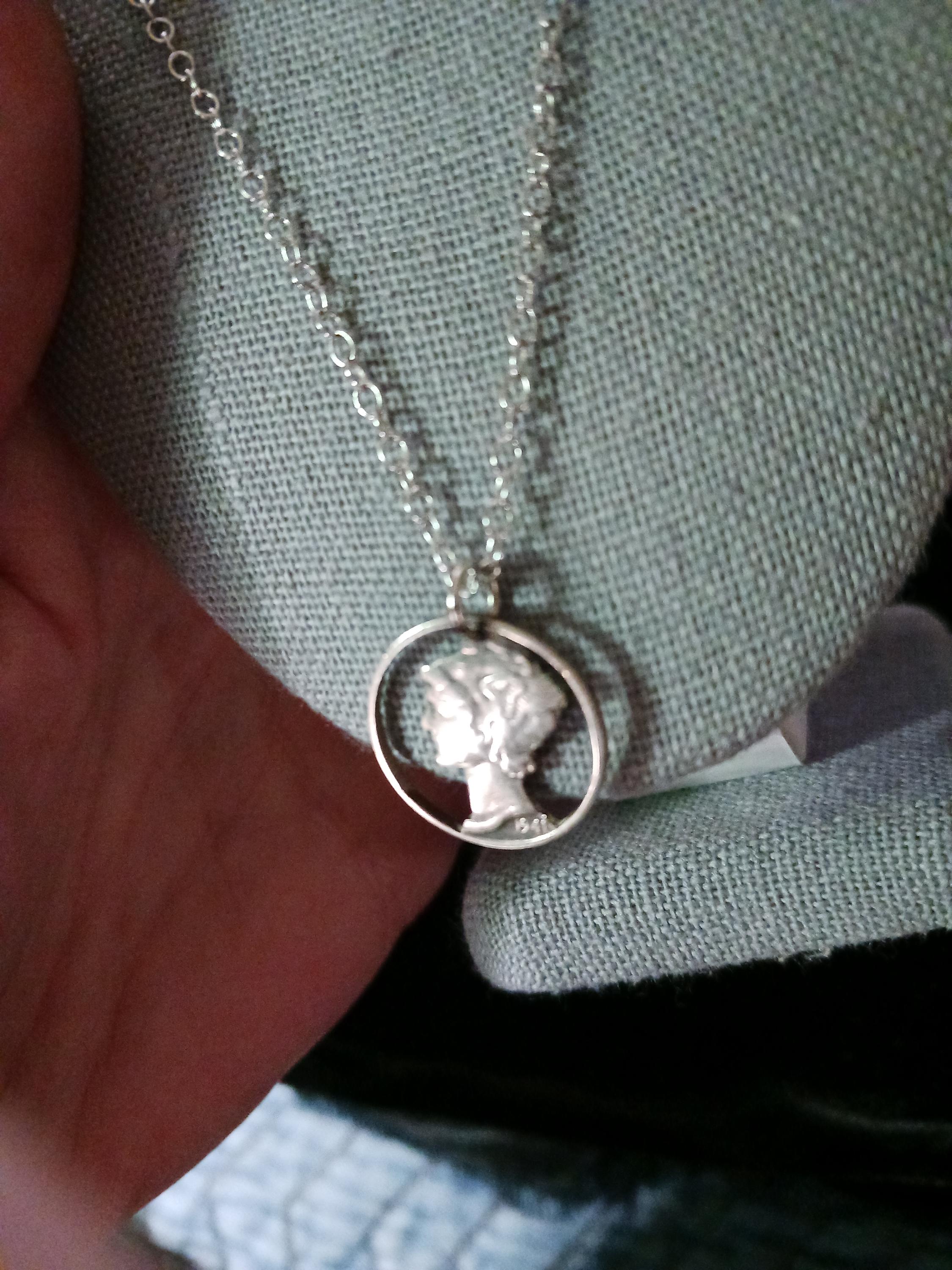 MERCURY DIME PENDANT Circa 1941 Laser Cut Md Century Item Very Good Articulation Only 18" Chain silver  Free Ship!
