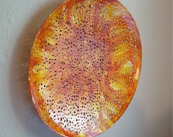 METAL SUN TRAY 9.45 x 1.5 Hand Painted Transparent Glass Paint, Oven Baked Finish One of a KInd Wall or Tabletop Art Dish Plate