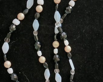 VINTAGE GLASS beaded Necklace 36" Long Neutral Black White Doubled Flapper Length Classic