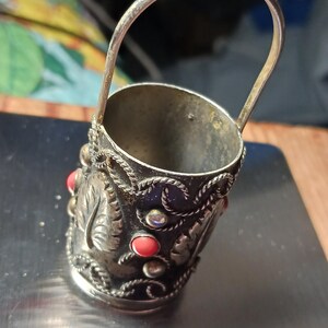 VINTAGE Silver Jeweled Embossed Coral Beaded Toothpick Cup 1.75" Tall  Beautiful leaf detail 25.9 grams unmarks Estate piece