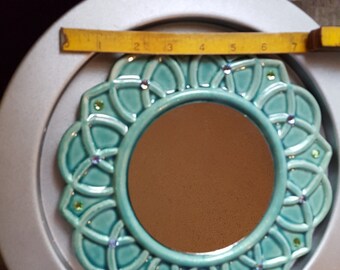 CERAMIC WALL MIRROR Round 9 x 9  1.75 lbs. New Upcycled Item Hand Embellished Gold Sparkle Enamel & Swarovski Elements Pretty and Sturdy