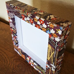 SHADOW BOX FRAME 7&quot; Wood New Item Upcycled Hand Collaged Vintage Artist Japanese Textile Kimono Print Paper Gloss Sealed Momento Keeper