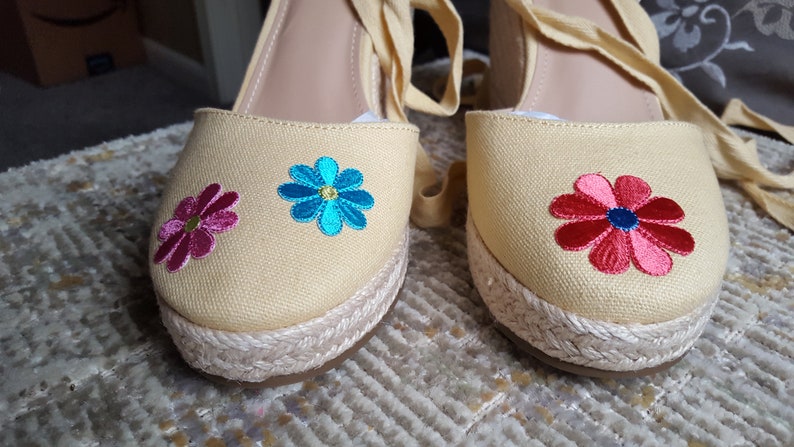 NEW ESPADRILLES Summer Neutral Camel Upcycled with Floral Appliques Size 8.5 Fits like an 8 Never Worm with Box& Shield Cotton Duck Boho image 4