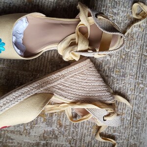 NEW ESPADRILLES Summer Neutral Camel Upcycled with Floral Appliques Size 8.5 Fits like an 8 Never Worm with Box& Shield Cotton Duck Boho image 8