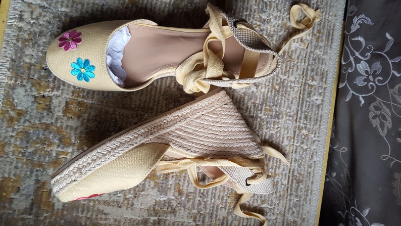 NEW ESPADRILLES Summer Neutral Camel Upcycled with Floral Appliques Size 8.5 Fits like an 8 Never Worm with Box& Shield Cotton Duck Boho image 8