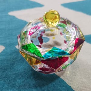 MINI GLASS POT Hand painted Hearts and Facets  Transparent Glass Paint Baked Sealed 1.5" high Multi purpose Surprise Heart Base