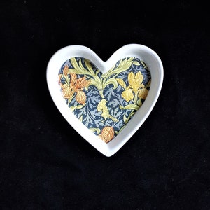 HEART DISH Porcelain William MORRIS New Upcycled 5&quot; Trinket Tray Collaged Vintage Art Paper Crystal Coated Excellent Irises and Bird Sealed