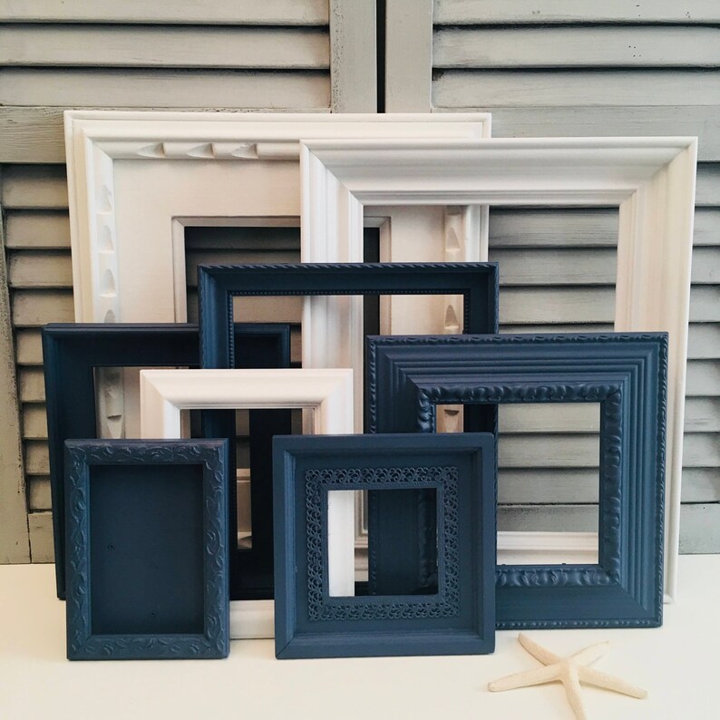 Custom Navy Blue And White Gallery Wall Set Frame Hand Painted Distressed Shabby Chic Frames