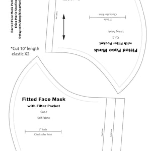 Pode incluir: Um padrão em preto e branco para uma máscara facial ajustada com bolso para filtro. O padrão inclui instruções para cortar o tecido, com uma escala de 5 cm para verificar o tamanho da impressão e uma nota para cortar 25 cm de elástico.