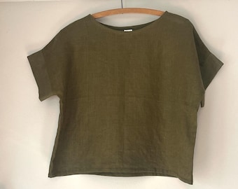 T-shirt à manches courtes en lin vert olive VENTE 40 % de réduction sur le marché T-shirt - T-shirt carré en lin - Haut en lin - T-shirt en lin - Haut en lin pour femme