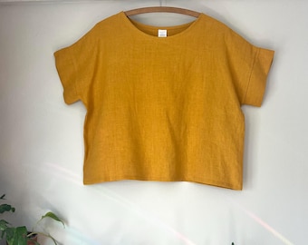 T-shirt à manches courtes en lin jaune MARIGOLD VENTE 40 % de réduction sur le marché - t-shirt carré en lin - haut en lin - t-shirt en lin - haut en lin pour femme
