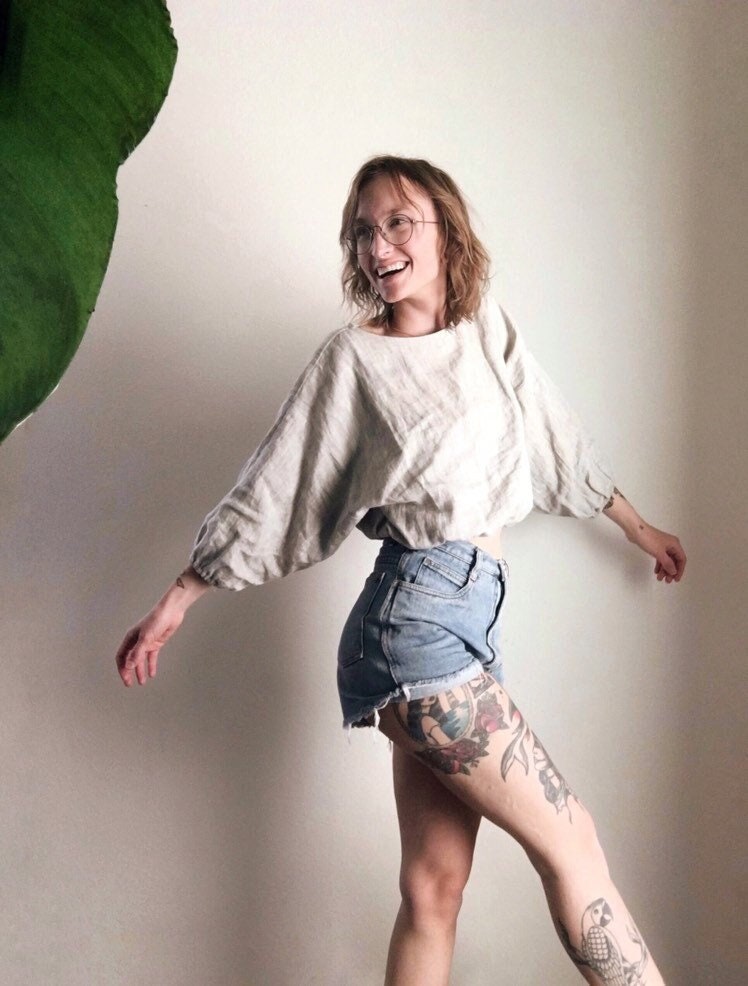 Vintage Vibes Natural Linen Top - Handcrafted in America - 3/4 Sleeves and Relaxed Fit, Billowy Boho Top