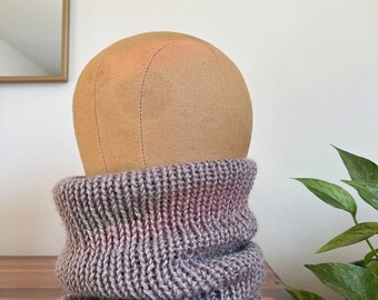 VENTE - COWL - écharpe double maille 100 % polyester recyclé faite main - Gris champignon/violet