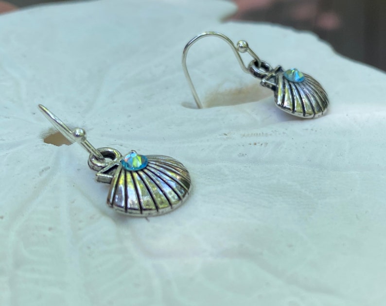 Tiny Silver Sea Shell Dangle Earrings Beachy Stocking Stuffer Beach Wedding Gift Gift for Beach Lover Beach Jewelry
