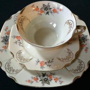 Beautiful German Porcelain Teacup Trio - Gilded Teacup, Floral Teacup pattern, hand-painted teacup