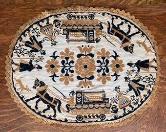 Impeccable French Hand Embroidered Linen Table-Topper, Horse and Carriage Lace Border, 40s - embroidered linens, French linens, French décor